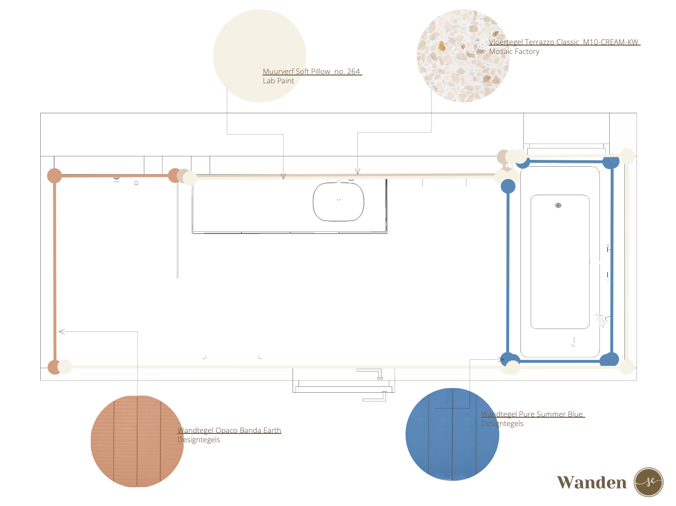 Plattegrond met beige en blauwe geometrische vormen.