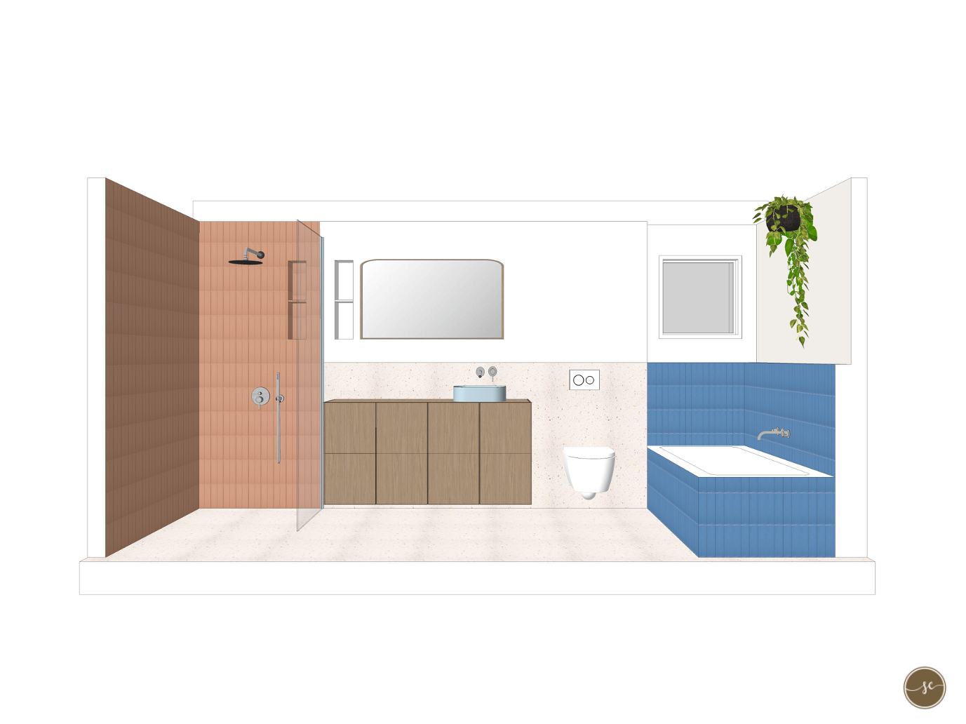 Badkamerontwerp met perzikkleurige douche, houten wastafelmeubel, blauw bad en groene plant.