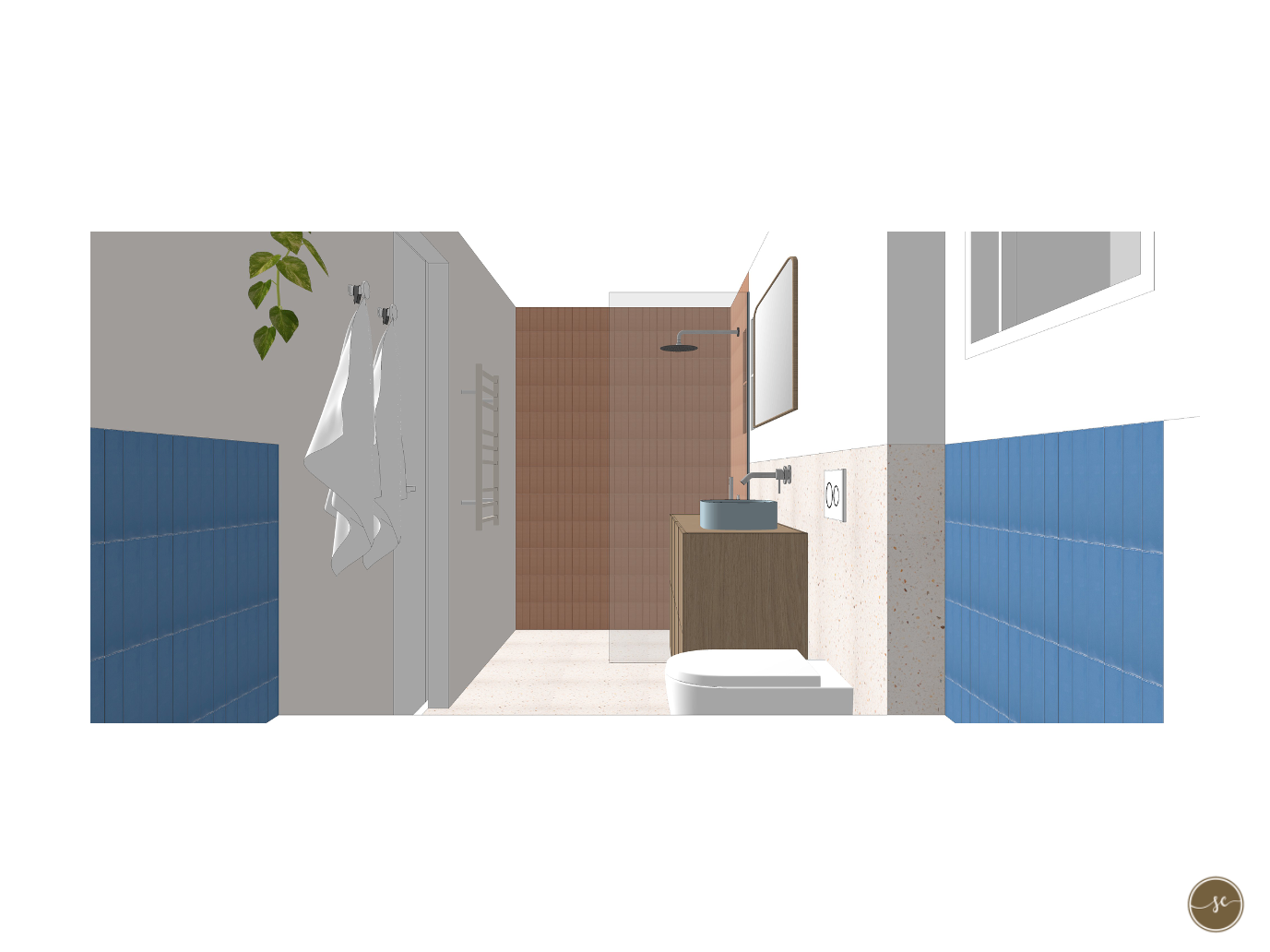 Badkamer met blauwe tegelwanden, bruine tegelwand in de douche, wastafel en raam.