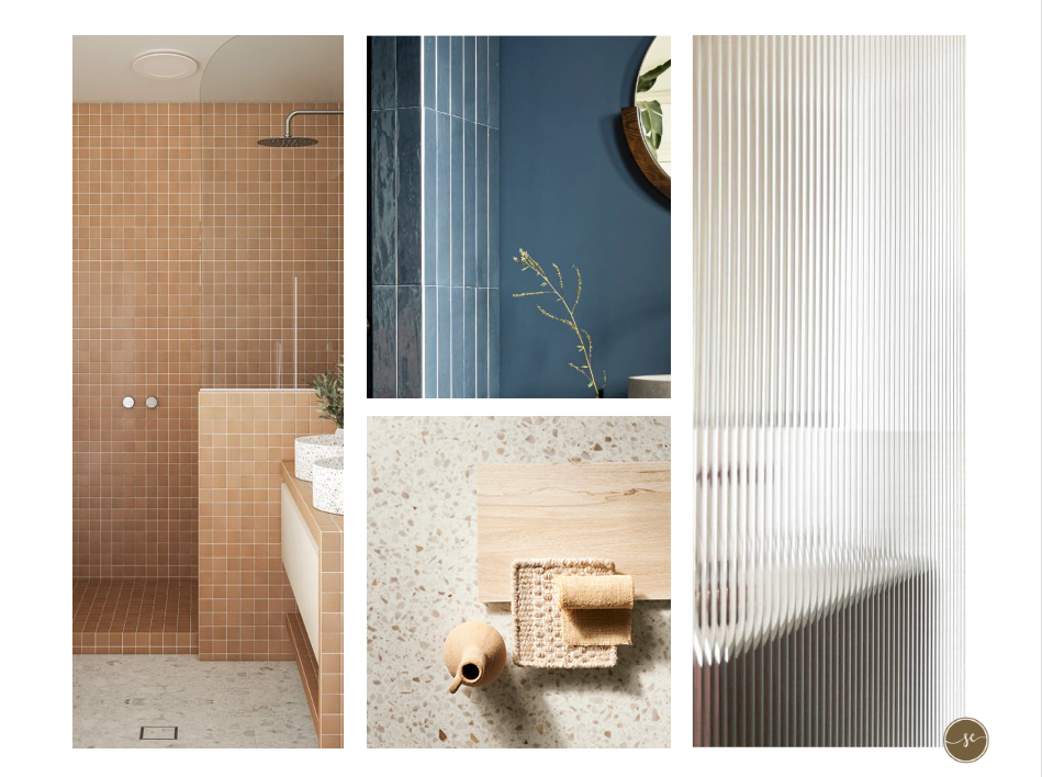 Moodboard voor badkamerontwerp: terracotta douche, donkerblauwe muur, hout, terrazzo, geribbeld glas.