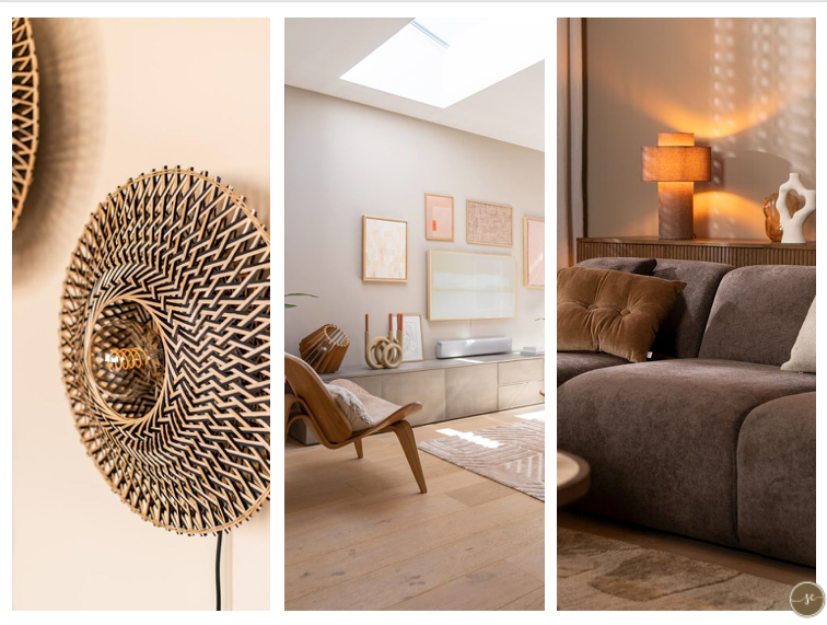 Collage van drie interieurfoto's: wanddecoratie, woonkamer met dakraam en bank met lamp.