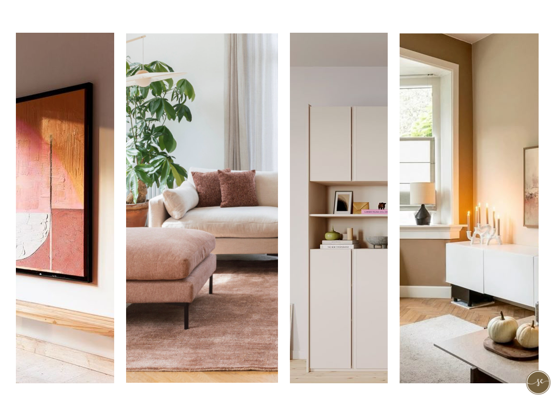 Vier interieurfoto's: abstracte kunst, woonkamer, ingebouwde opbergruimte en zitgedeelte met raam.