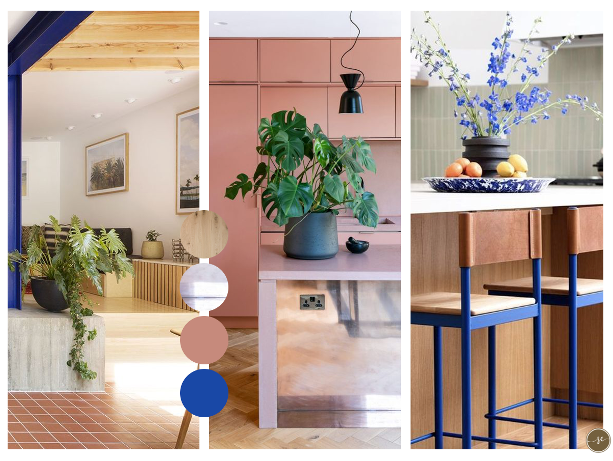Collage: Interieurontwerp met blauwe accenten, roze keuken, houten elementen en planten.