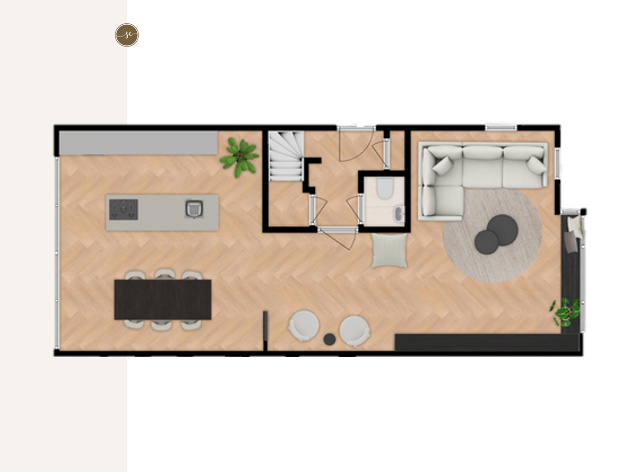 Plattegrond van een moderne woning. Keuken met kookeiland, eethoek, woonkamer met hoekbank en trap.