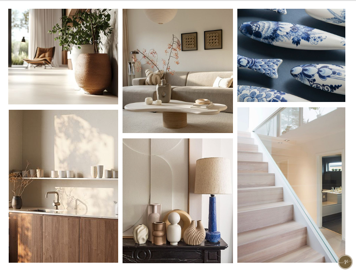 Collage van interieurfoto's: neutrale tinten, planten, meubels en decoratieve vazen.