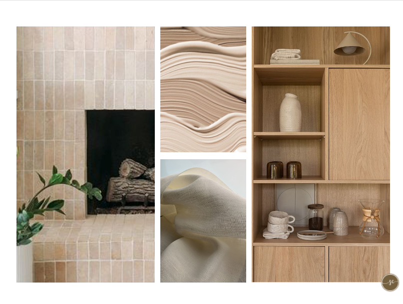 Collage van interieurelementen in neutrale tinten: open haard, structuurverf, gedrapeerde stof en houten wandkast met decoratie.