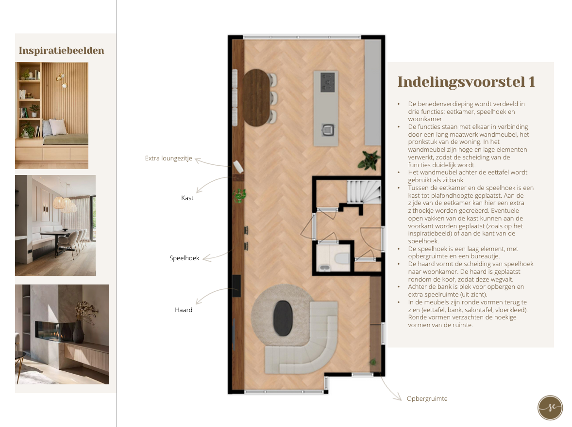 Plattegrond van een woning met meubelindeling en designinspiratie in lichte houttinten.