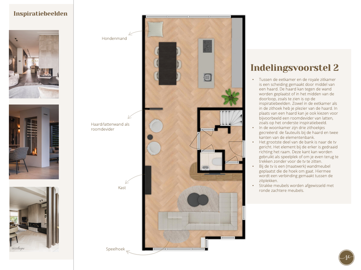 Plattegrond van een lange, smalle kamer met woon-, eet- en keukengedeelte, plus een kleine badkamer en een trap.