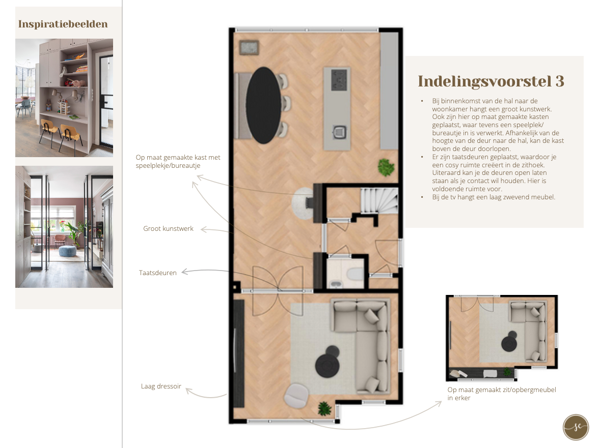 Plattegrond van een woning met meubelindeling, inclusief keuken, eetkamer en woonkamer.
