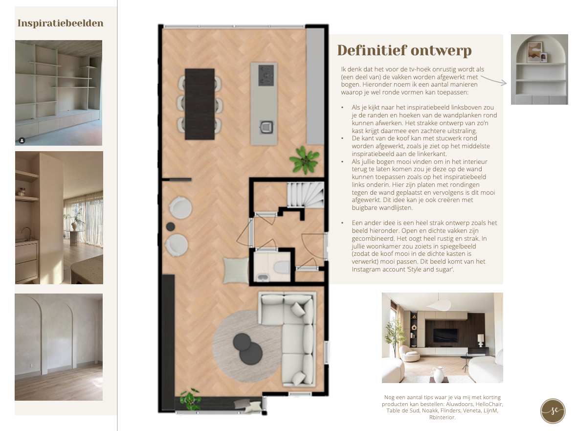Plattegrond met meubelindeling en inspiratie voor het interieur.