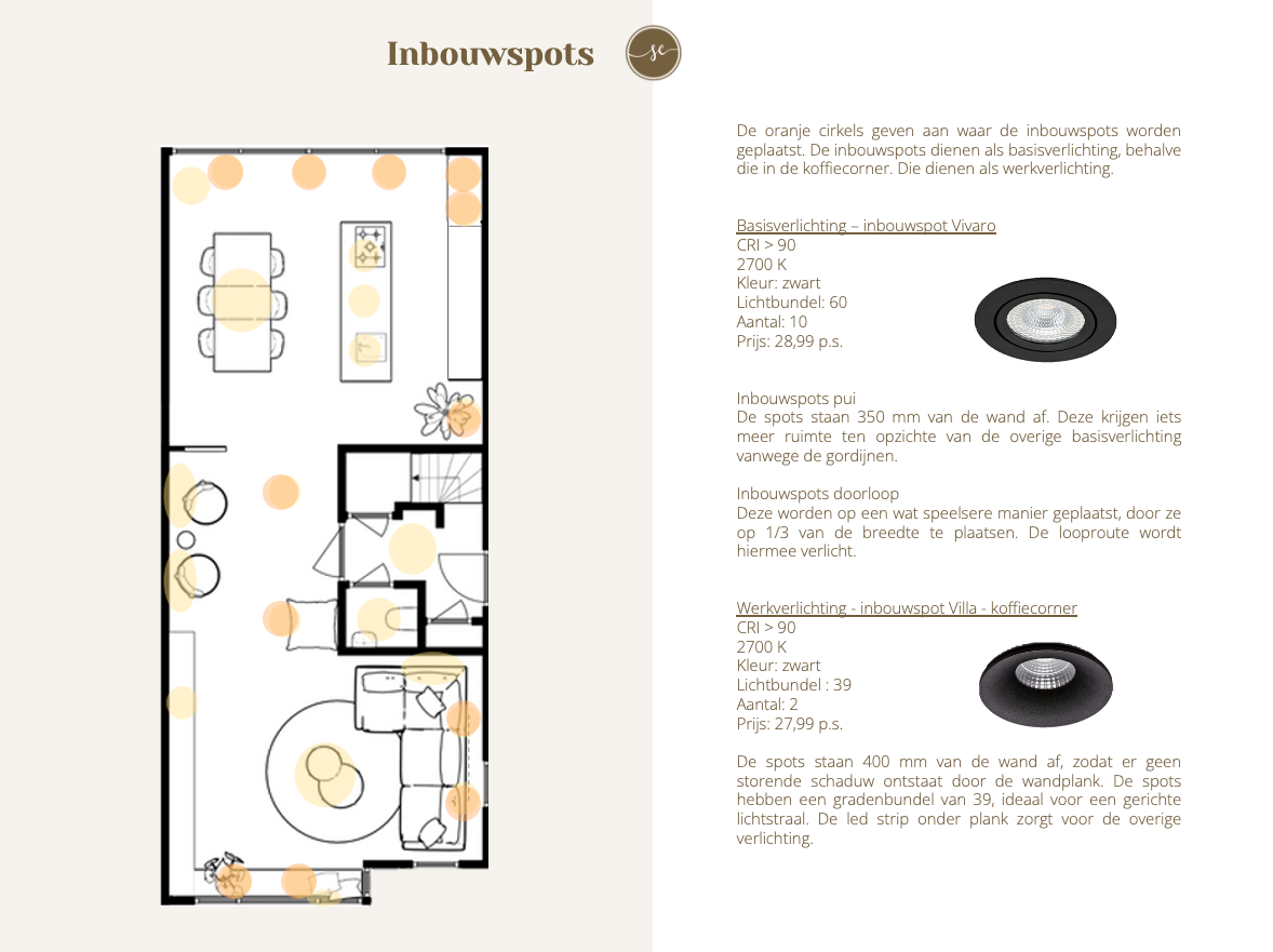 Plattegrond van een woninginterieur, met het verlichtingsplan aangegeven door oranje cirkels en beschrijvingen.