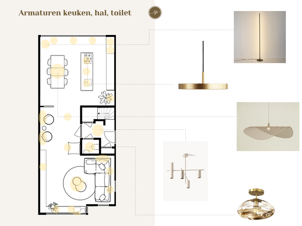 Plattegrond met verlichtingsplan voor een keuken, hal en toilet, met diverse opties voor gouden verlichtingsarmaturen.