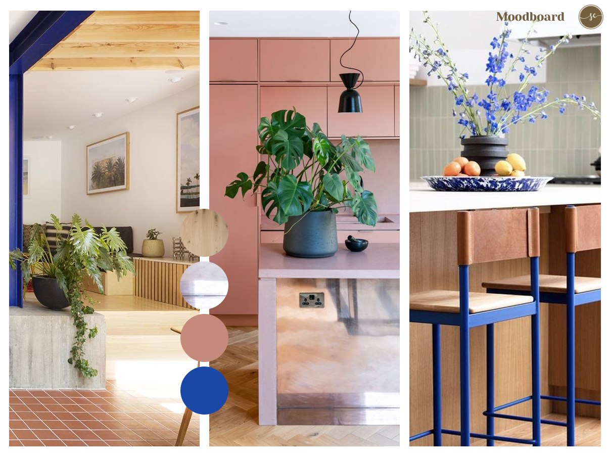 Moodboardcollage: Interieurinspiratie met blauwe, roze en neutrale tinten. Inclusief decoratie voor de keuken en woonkamer.