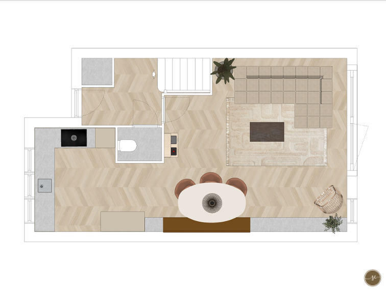 Plattegrond van een woonruimte met keuken, woonkamer, eettafel en trap. Lichte houten vloer.