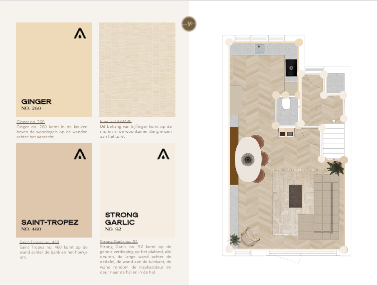 Kleurstalen en plattegrond van het appartement: beige en bruine tinten. Bovenaanzicht met meubelindeling.