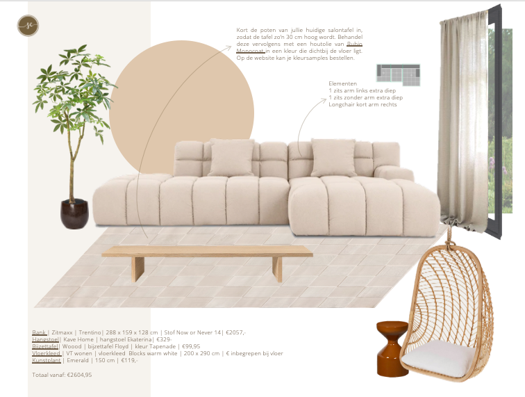 Moodboard voor een beige woonkamer met hoekbank, vloerkleed, plant, salontafel en hangstoel.