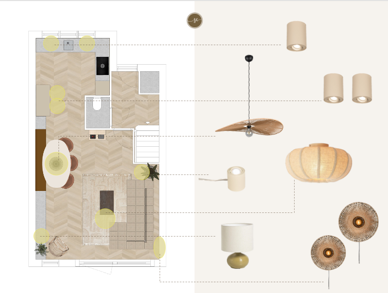 Plattegrond met verlichtingsopties; neutrale tinten, houten vloeren, beige muren.