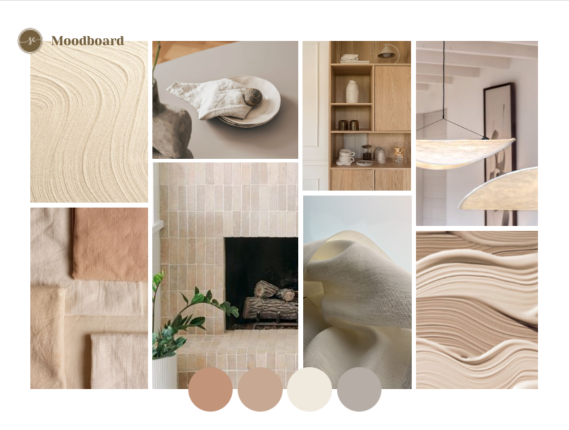 Moodboard met beige, crème en lichtbruine tinten. Inclusief texturen, meubels en een kleurenpalet.