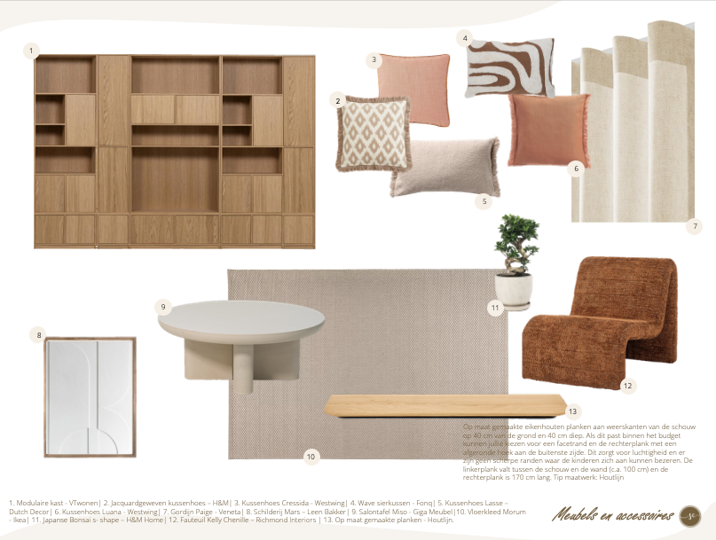 Moodboard met interieurelementen: houten planken, kussens, stoel, tafel en andere decoratie.