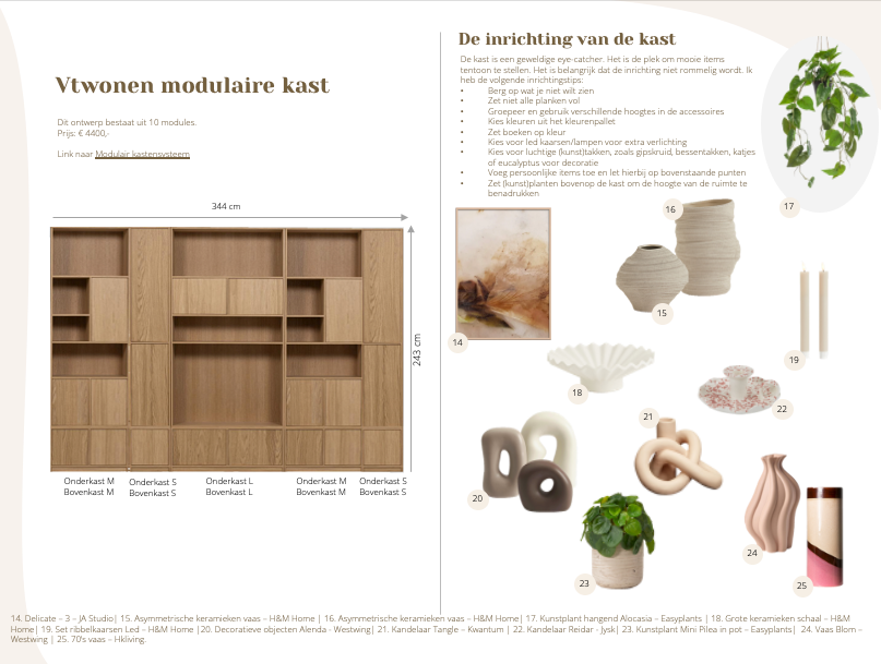 Modulaire houten kast met decoratieve elementen en tekst in het Nederlands.