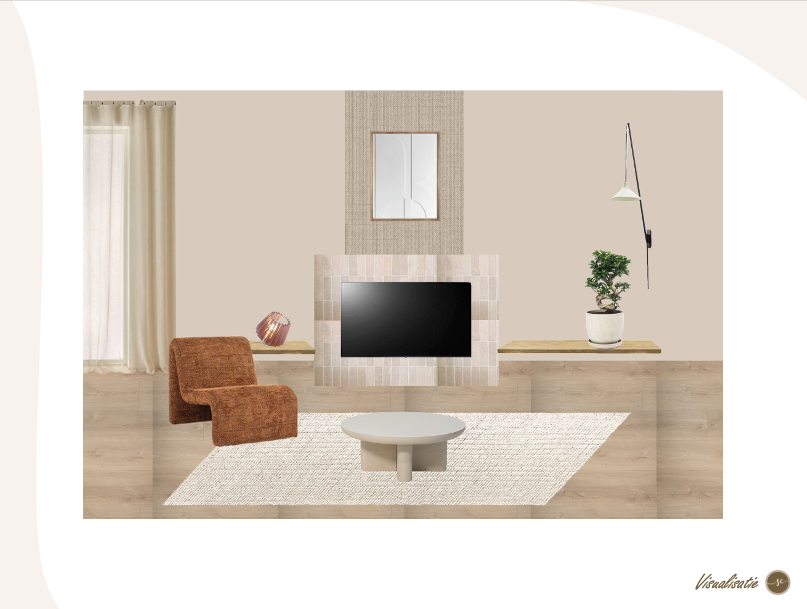 Woonkamerinrichting met neutrale tinten, tv, stoel en vloerkleed.