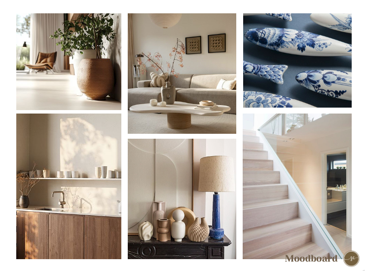 Moodboard met zes interieurafbeeldingen: neutrale tinten, houten accenten en blauw-witte keramiek.