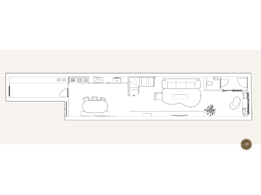 Plattegrond van een lang, smal appartement met een keuken, woonkamer en eetgedeelte.