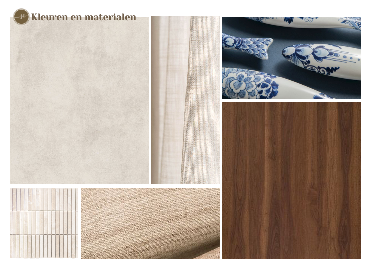 Moodboard: Crème-, beige- en bruine texturen, plus blauw-wit gedessineerde keramische vissen en hout.