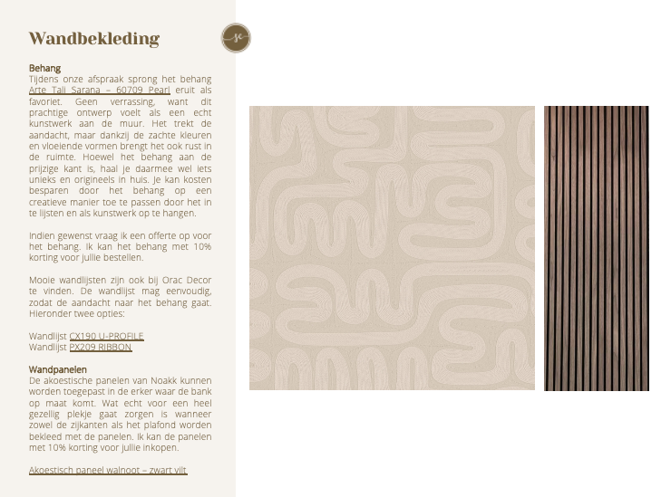 Tekstpagina met twee voorbeelden van wandpanelen: een crèmekleurig paneel met patroon en een paneel met verticale bruine latten.