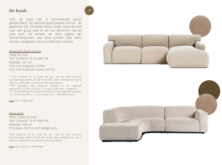 Beige hoekbank op een witte achtergrond met kleurstalen. De tekst beschrijft de afmetingen en materialen.