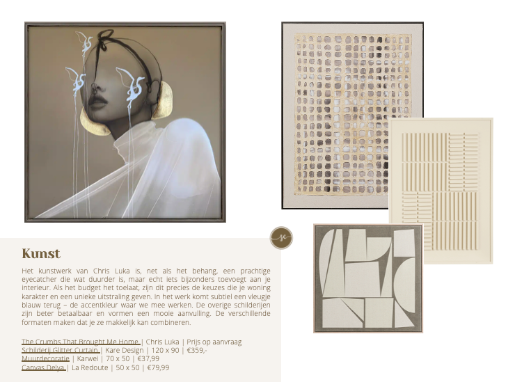 Kunsttentoonstelling met een portret met lichtgevende accenten en drie geometrische abstracte werken. Tekstblok met details.