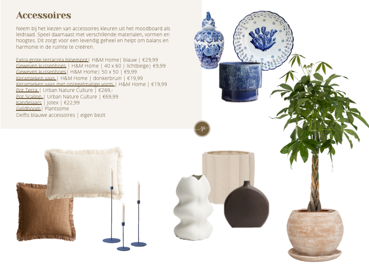 Woonaccessoires: vazen, borden, een kussen, kaarsen en een geldboom. Blauw, bruin, wit en neutrale kleuren.