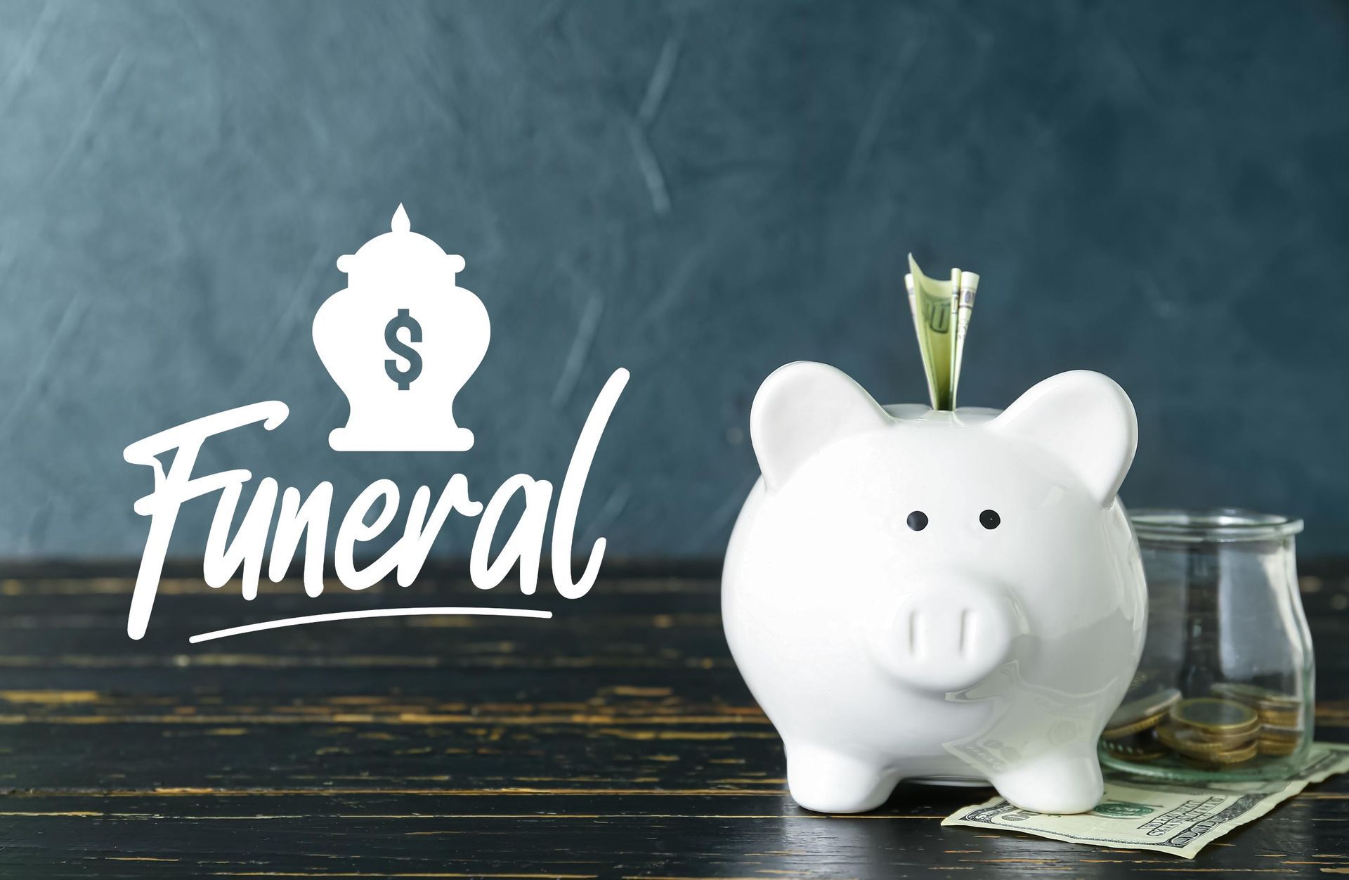 Piggy bank and jar of money with a funeral urn logo, indicating funeral savings.