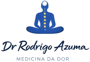 Logo azul de terapeuta em meditação com pontos amarelos e texto “Dr Rodrigo Azuma – Medicina da Dor”