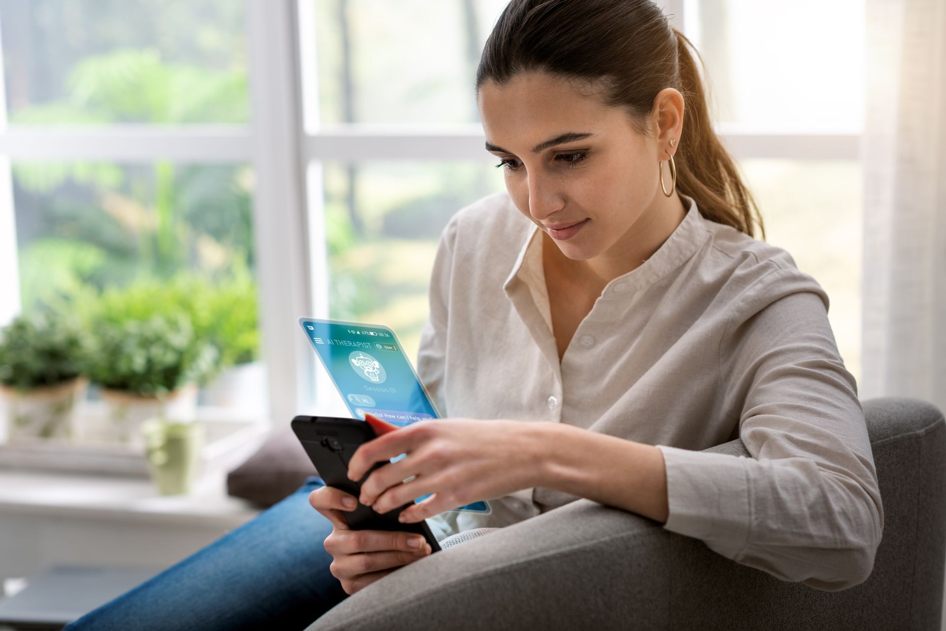 Woman using a smartphone on a couch beside a bright blue credit card in a sunlit room