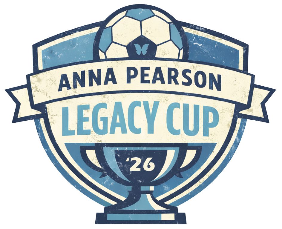 Anna Pearson Legacy Cup logo with blue shield, soccer ball, and trophy, marked ’26