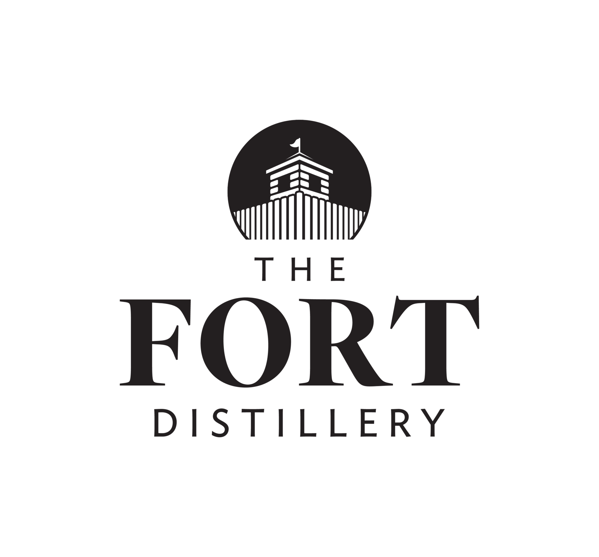 The Fort Distillery logo in black text with a circular building icon above it
