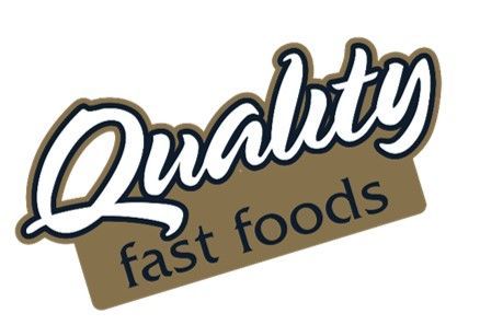 Logo reading “Quality fast foods” in white script and black text on a tan banner.