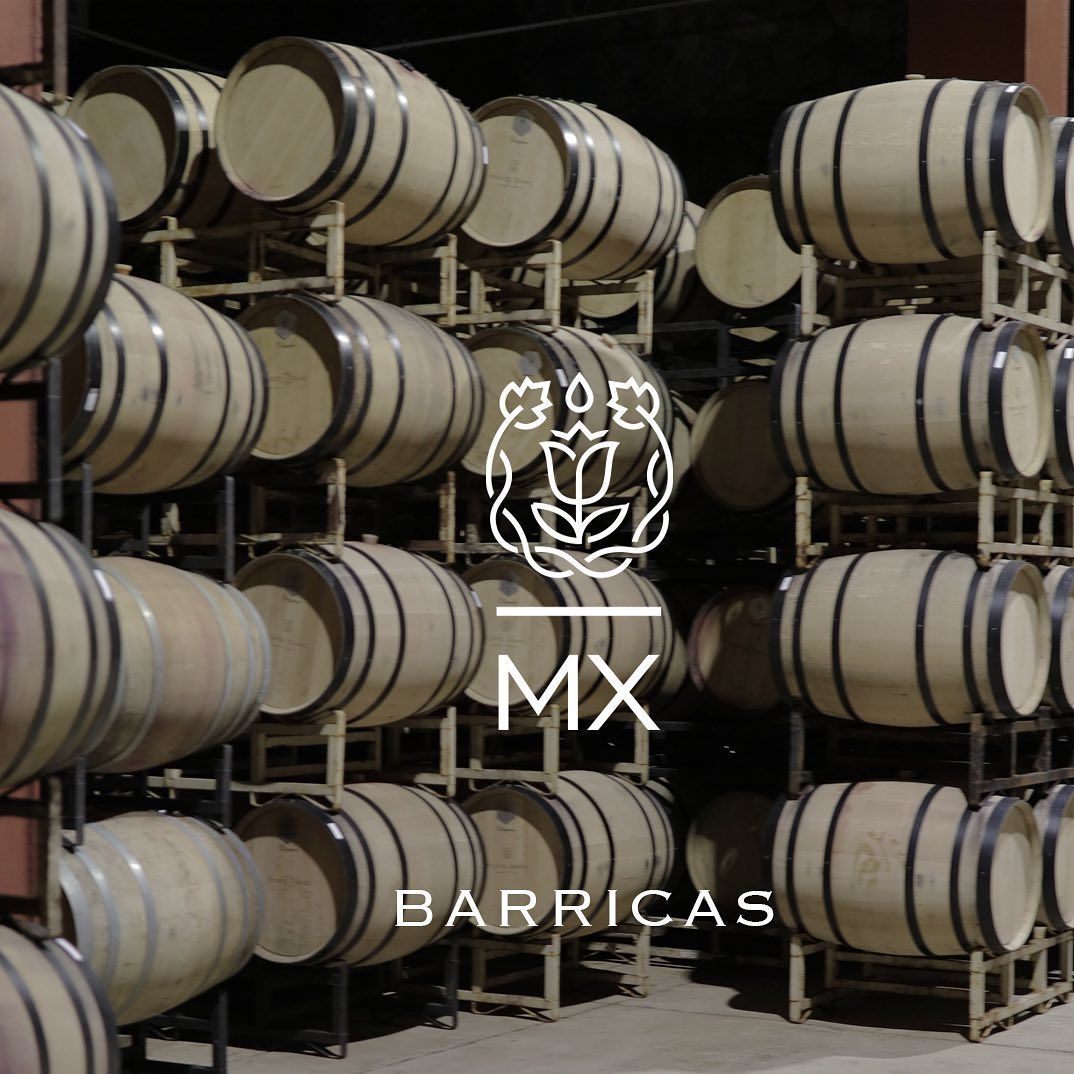 Barriles de vino apilados en estantes con el logotipo blanco de MX Barricas centrado sobre ellos.