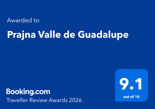 Premio Booking.com Traveller Review 2026 para Prajna Valle de Guadalupe, calificación 9.1/10 sobre fondo azul.