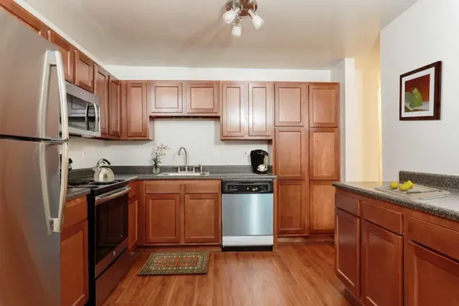 A kitchen with wood cabinets, stainless steel appliances, a dark countertop, and wood-look flooring.