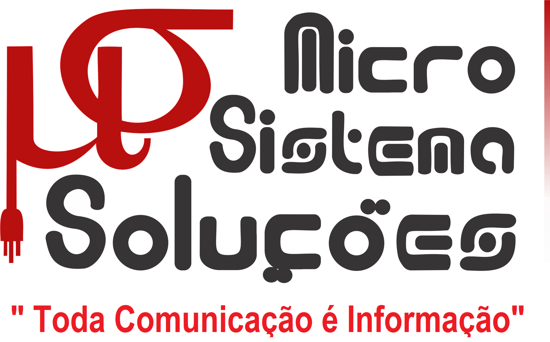Logotipo da "Micro Sistema Soluções" em vermelho e preto. Inclui um ícone de tomada elétrica e slogan.
