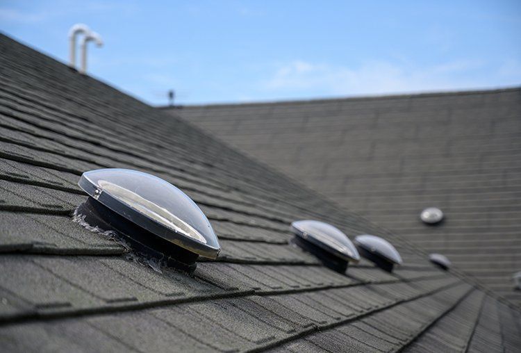 Black roof with several dome-shaped vents under a blue sky.