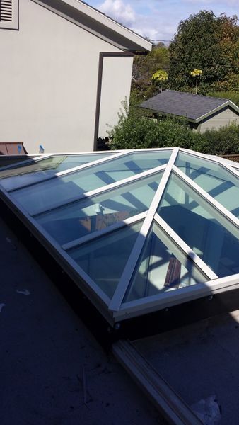Skylight on a flat roof, white frame, glass panels, with a house and trees in the background.