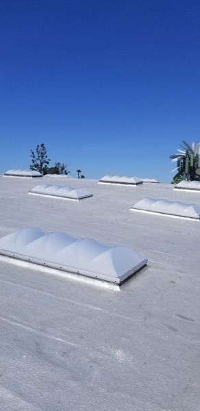 A flat white roof with rectangular skylights against a clear blue sky.