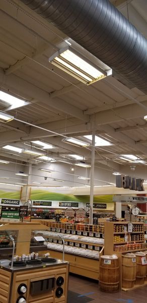 Interior of a grocery store with high ceilings and fluorescent lights. Displays of food and wooden barrels are visible.