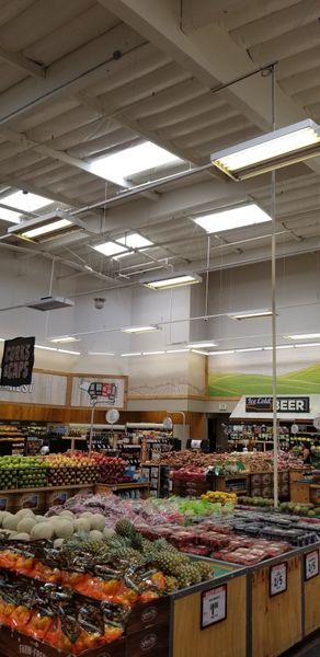 Interior view of a grocery store. Produce in the foreground, bright lights, and skylights.