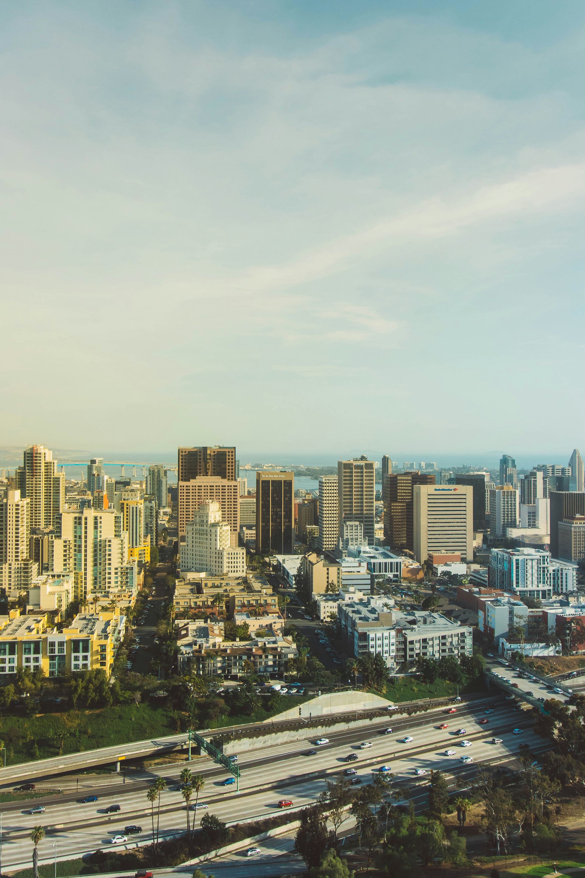 An aerial view of a city with lots of buildings and trees.