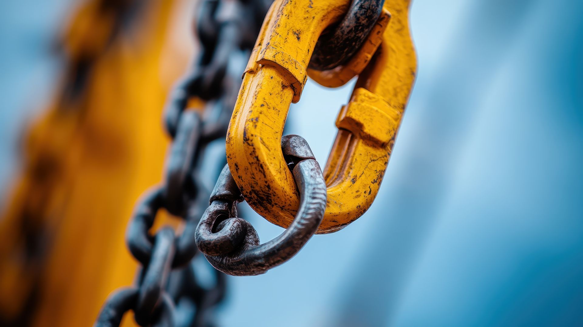 Durable industrial chains with a yellow lifting hook for reliable heavy duty towing operations. Durable industrial chains with a yellow lifting hook for reliable heavy duty towing operations.