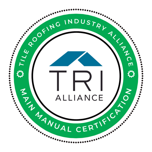 TRI Alliance logo with green circular “Tile Roofing Industry Alliance Main Manual Certification” border
